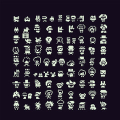 Tiny characters pixel art icon set. Logo for game design. 8-bit. Isolated abstract vector illustration. Game assets. Design for stickers, web, mobile app.