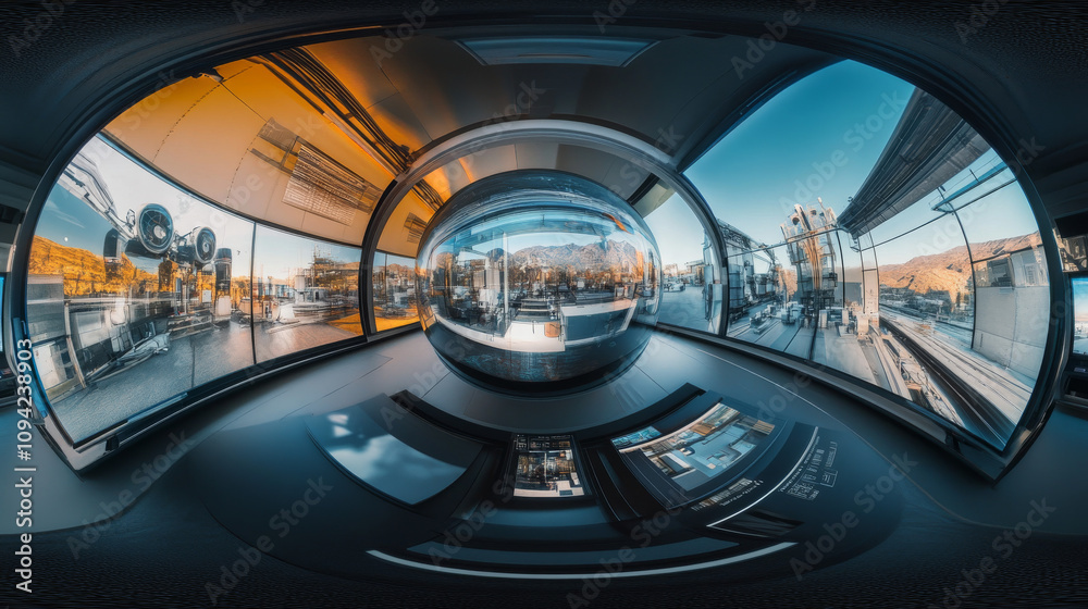 Poster 360 degree panorama view.a 3d image shows a computer screen displaying a panoramic, high-resolution 