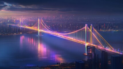 Obraz premium A vibrant illuminated bridge spanning a river, showcasing a city skyline at dusk.