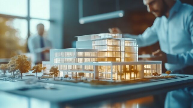 A man is working on a model of a building