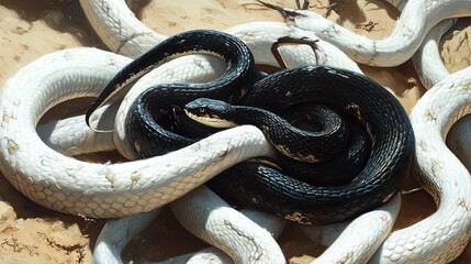Obraz premium Close-up of intertwined black and white snakes in a desert setting, showcasing their unique patterns and textures.