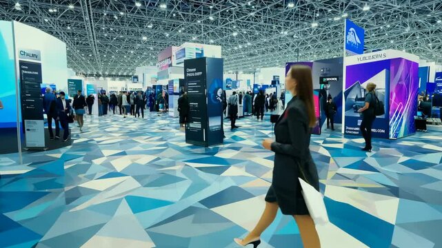 Large technology conference showcasing innovative displays and networking opportunities in a modern exhibition hall