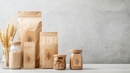 Biodegradable and compostable concept. A collection of eco-friendly packaging, including bags and jars filled with natural ingredients, set against a minimalist background.