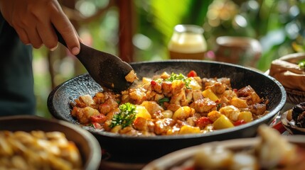 A vibrant Filipino dish is being served, showcasing colorful ingredients in a lively atmosphere