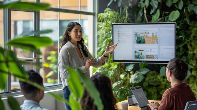 Engaging software training led by a women tech lead in a bright office. Team members participate in an interactive demonstration with a large screen display