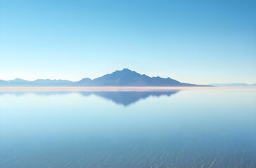 Fototapeta premium Serene Reflection of a Majestic Mountain on Crystal Clear Waters at Sunrise in a Remote Salt Flat Landscape Under a Clear Blue Sky