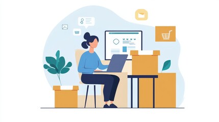 Woman manages online orders and packages at home