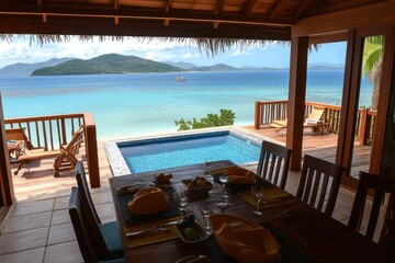 Fototapeta premium A serene view of a beach with a pool and dining area overlooking the ocean.