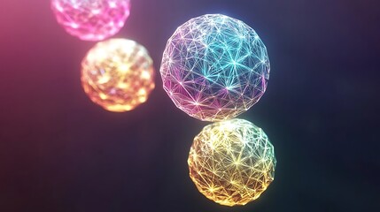 Abstract colorful glowing spheres with connecting lines, floating in dark space.