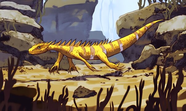 Colorful prehistoric lizard-like creature exploring a rocky landscape with vegetation and dynamic lighting in a vibrant and imaginative illustration