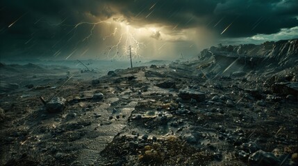 Lightning cuts through the abstract night sky. Dark clouds churn, signaling the storm's presence.