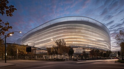 Obraz premium Modern architectural structure with a glass facade, illuminated at dusk.