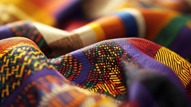 Handwoven Kente cloth features vibrant colors and intricate designs with rich texture