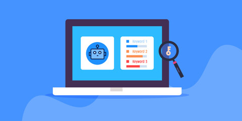 SEO keyword research and selection with artificial intelligence technology, AI bot suggests keyword data, competition insights concept.