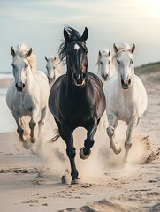 A stunning scene of horses galloping along the beach, showcasing strength and beauty in nature.