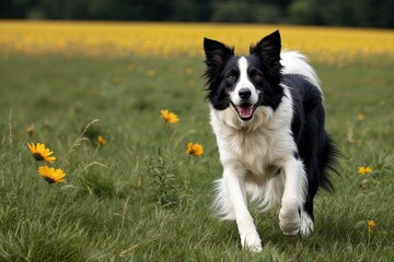 Fototapeta premium Vibrant Digital Artwork of Energetic Border Collie Playing in a Field