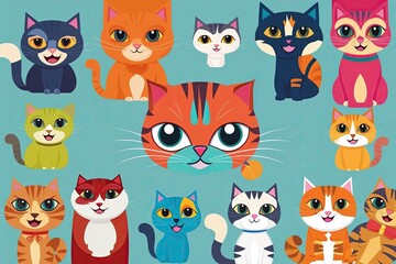 Obraz premium Vibrant Flat Design Cartoon Collection of Playful Whimsical Cat Characters