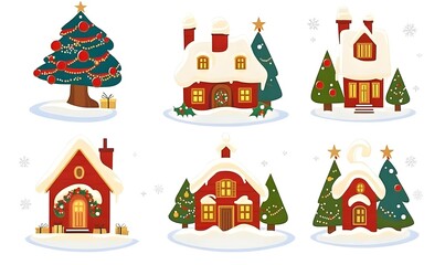 Festive Winter Wonderland with Colorful Christmas Trees, Charming Snow-Covered Houses, and Decorative Elements for Holiday Celebrations