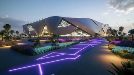 Modern architectural structure with illuminated pathway and landscaped gardens at dusk.