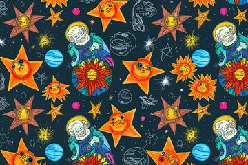 Naklejka premium Eclectic 70s Style Seamless Pattern Featuring Vibrant Cosmic Star Characters Celestial Beings and Whimsical Sketches