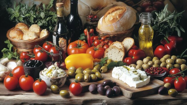 A vibrant spread of fresh Mediterranean ingredients, background - Powered by Adobe
