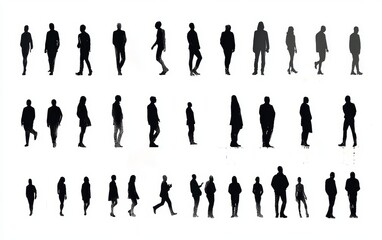 Black and White Vector Illustration of Human Silhouettes in Various Poses and Actions
