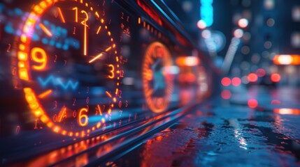 Obraz premium Futuristic city display showing time and data.