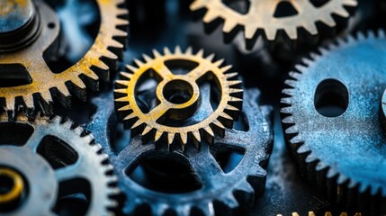 A range of different-sized gears interlocking and moving in harmony, Reflecting the interconnectedness of diverse roles within a community, minimalist mechanical style