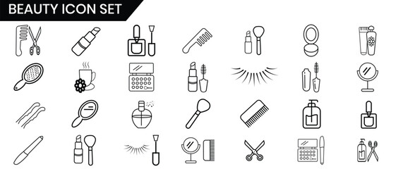 Beauty and cosmetics line icons, vector set design. Simple Set of Cosmetics, fashion line vector, silhouette collection. Icon of  cream bottle, lipstick, makeup brush and others. Vector illustration.