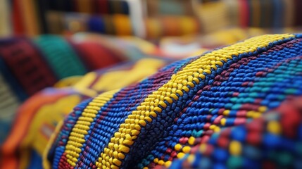 Detailed close-up of Swazi woven cloth highlights vibrant colors and intricate designs in focus