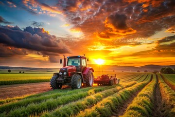 Fototapeta premium A red tractor is driving through a field of crops
