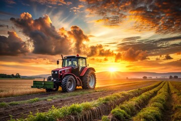 A red tractor is driving through a field of crops