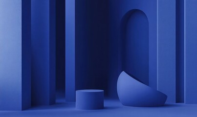 Abstract blue room with cylinder, bowl, and archways.