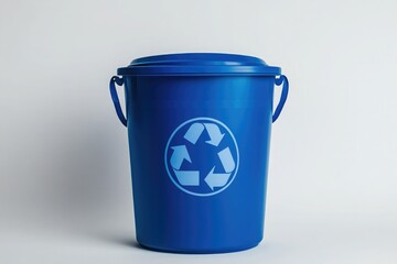  large blue plastic bin with the circular recycling logo on it, made of polythene material for collecting waste and food styling supplies