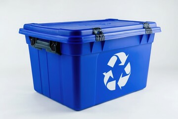  large blue plastic bin with the circular recycling logo on it, made of polythene material for collecting waste and food styling supplies