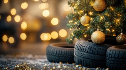Christmas Tree and Tires with Blurred Background An image background
