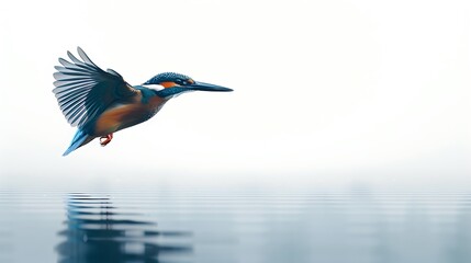 Obraz premium A kingfisher hovering over water, isolated on a white background.