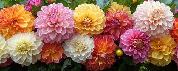 Vibrant Bouquet of Dahlia Flowers in Pink White Orange Yellow with Lush Green Foliage in Garden