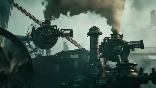 A close-up view of a steam train, with smoke billowing from its engine, surrounded by various steampunk machinery.