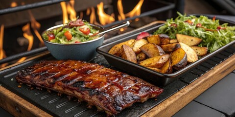 Obraz premium Grilled BBQ ribs served with roasted potato wedges and a fresh garden salad, a delicious flame-grilled meal