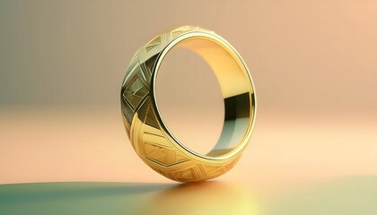 Gold ring with geometric patterns, minimalist aesthetic, 3D illustration, ring jewelry, trendy, aesthetic.