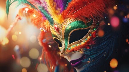 Colorful Mardi Gras mask with feathers and glitter, adorned with festive decorations and beads