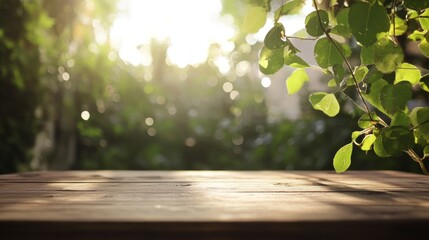 Morning light on wooden table surrounded by lush greenery nature scene outdoor setting tranquil atmosphere