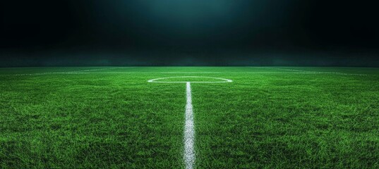 Obraz premium soccer field night spotlight green grass fog empty arena dramatic match scene