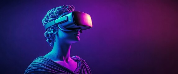 Classical Greek Statue with VR Headset in Neon Purple and Blue Lighting Metaverse Art