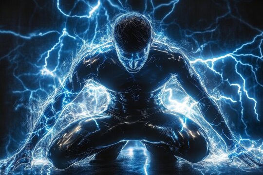 Muscular Man in Black Latex Bodysuit Surrounded by Electric Blue Lightning Gaming in Virtual Reality