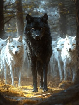 A striking scene featuring a black wolf leading a pack of white wolves in a mystical forest setting.