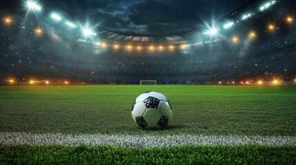 empty soccer field at night with illuminated lights and a soccer ball on the goal line