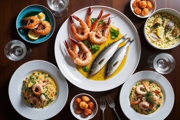Gourmet Seafood Dinner Featuring Roasted Prawns Calamari Sea Bass and Shellfish Risotto
