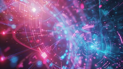 Obraz premium A luminous holographic interface with vibrant lines and digital symbols floating in space.